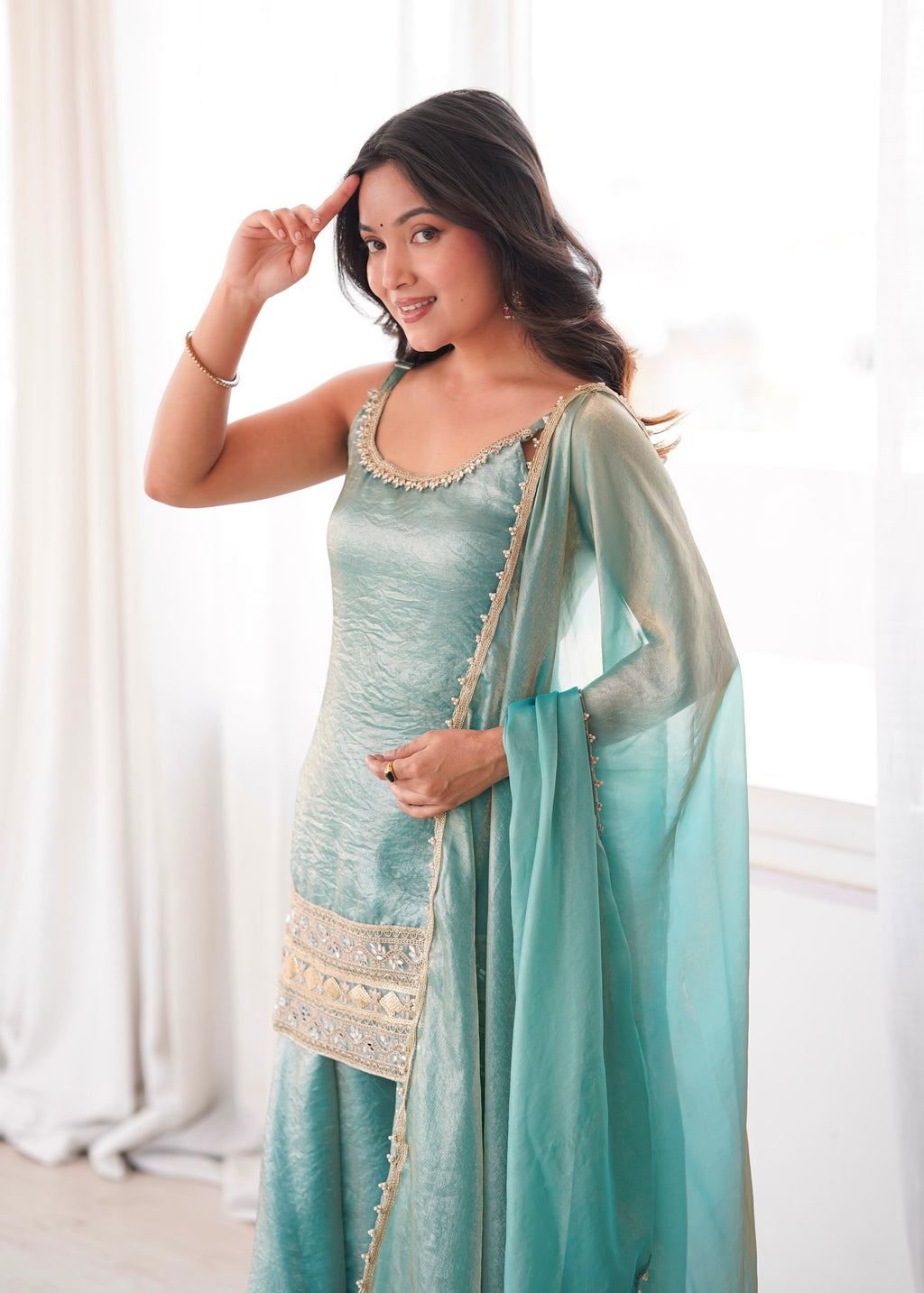 Premium Mint Green Embroidered Kurta Palazzo Suit Set for Women