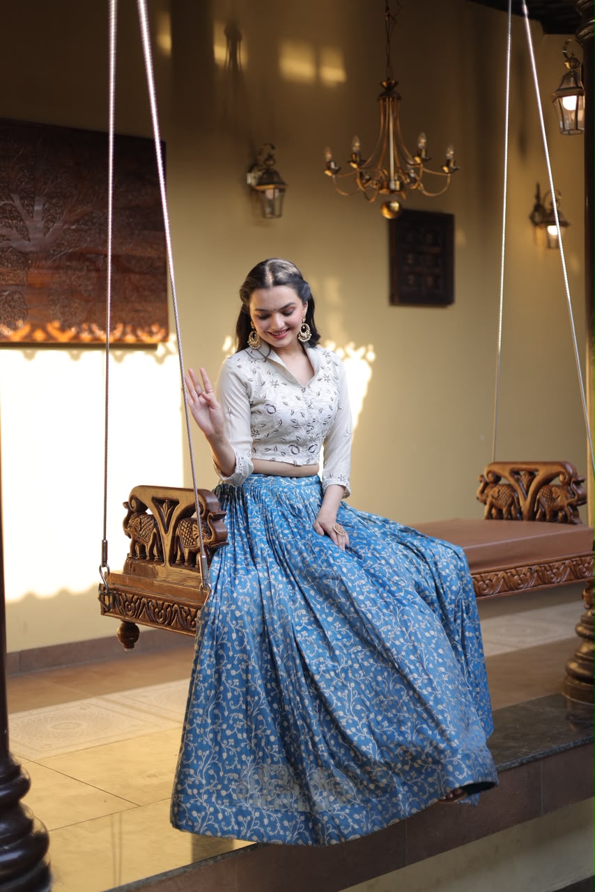 Elegant Wedding & Festive Wear Embroidered Crop Top Lehenga Set (BLUE)