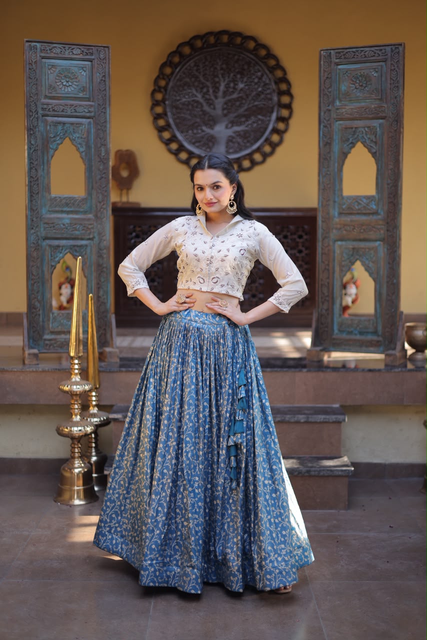 Elegant Wedding & Festive Wear Embroidered Crop Top Lehenga Set (BLUE)