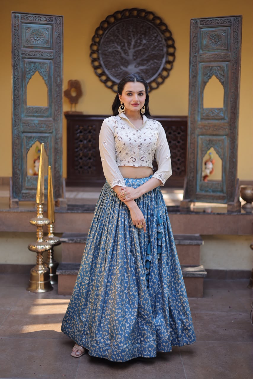 Elegant Wedding & Festive Wear Embroidered Crop Top Lehenga Set (BLUE)