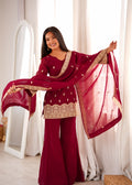 Premium Maroon Embroidered Kurta Set for Women with Palazzo & Dupatta