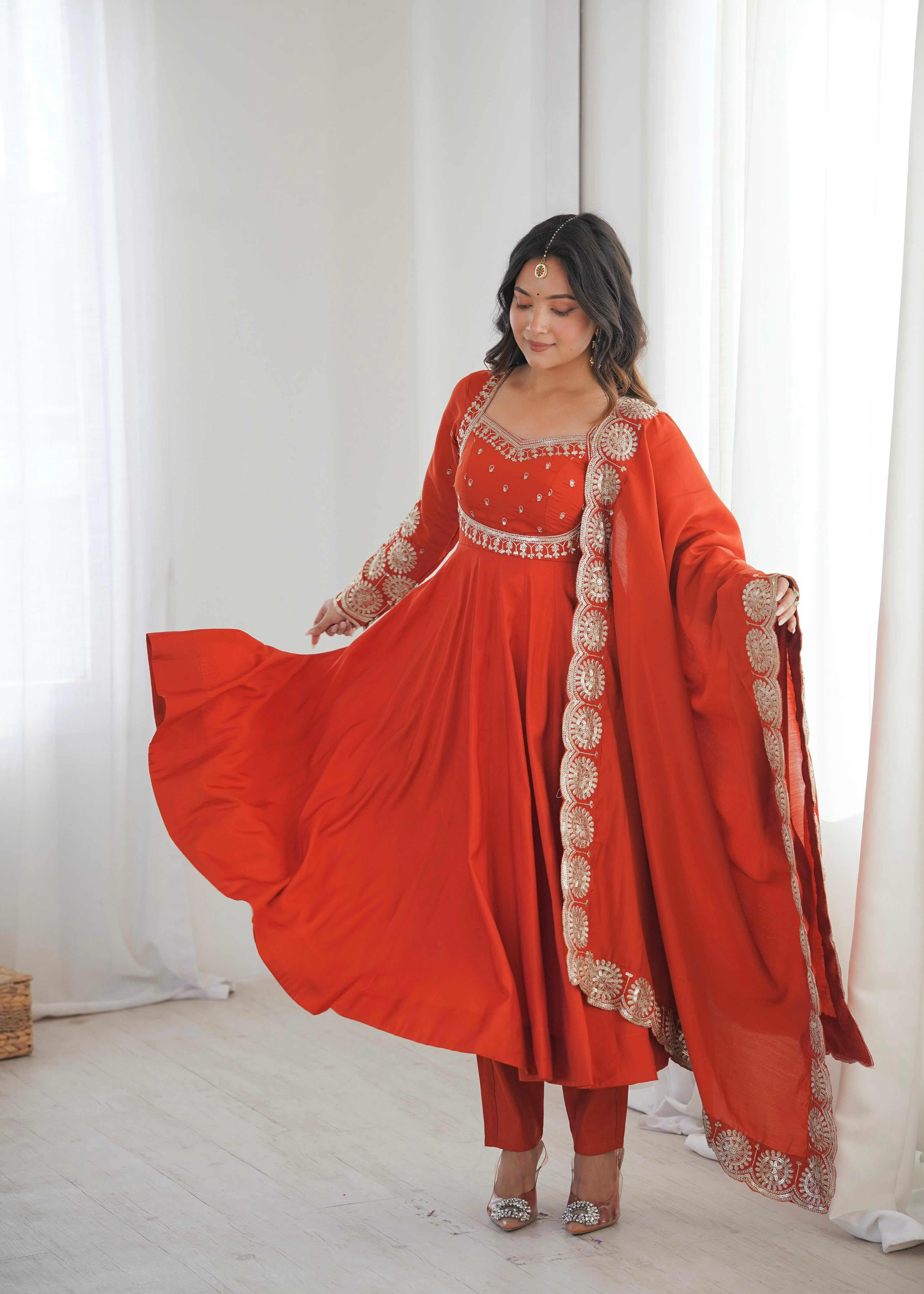 Rust Orange Embroidered Anarkali Suit Set with Dupatta