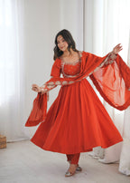 Rust Orange Embroidered Anarkali Suit Set with Dupatta