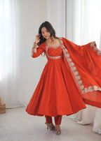 Rust Orange Embroidered Anarkali Suit Set with Dupatta