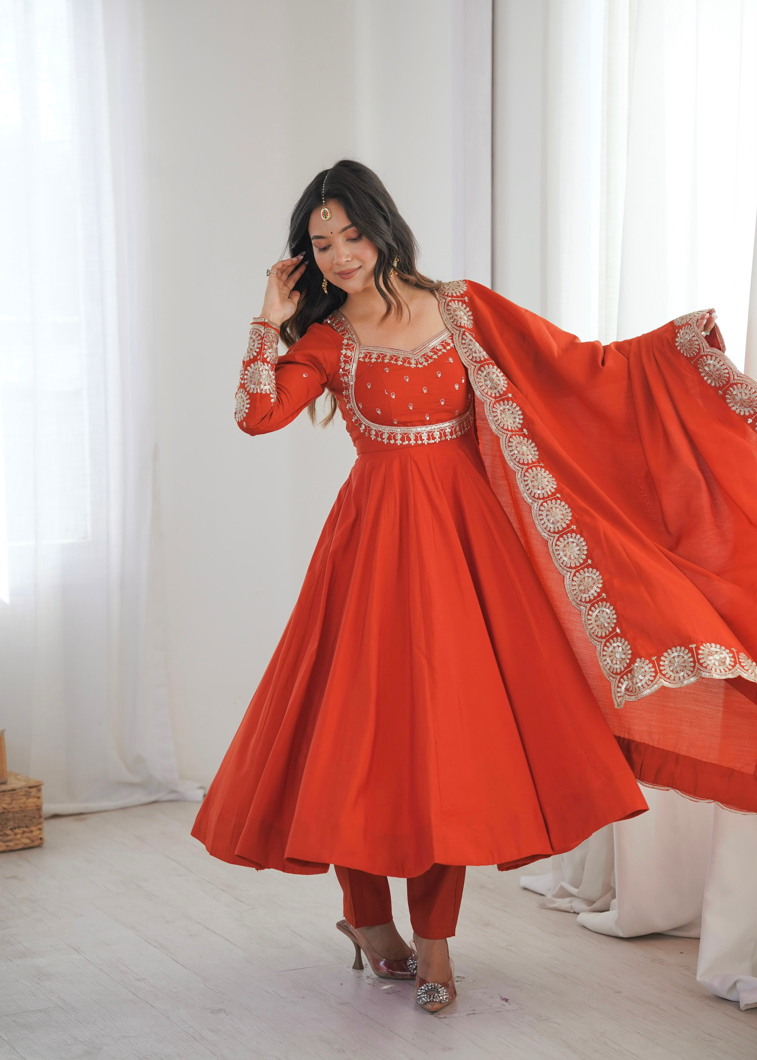Rust Orange Embroidered Anarkali Suit Set with Dupatta