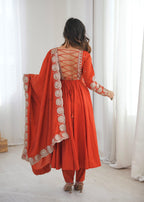 Rust Orange Embroidered Anarkali Suit Set with Dupatta