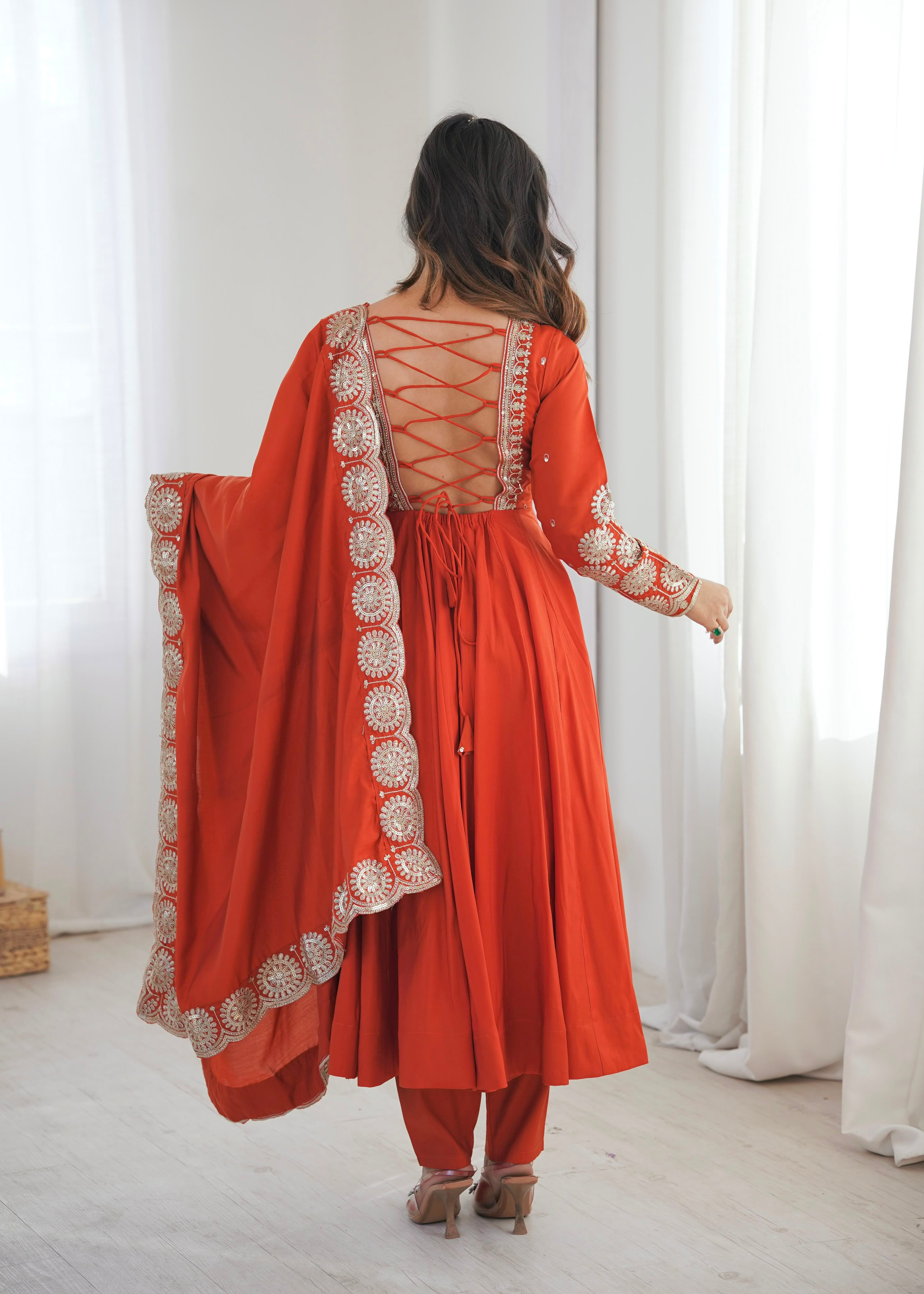 Rust Orange Embroidered Anarkali Suit Set with Dupatta