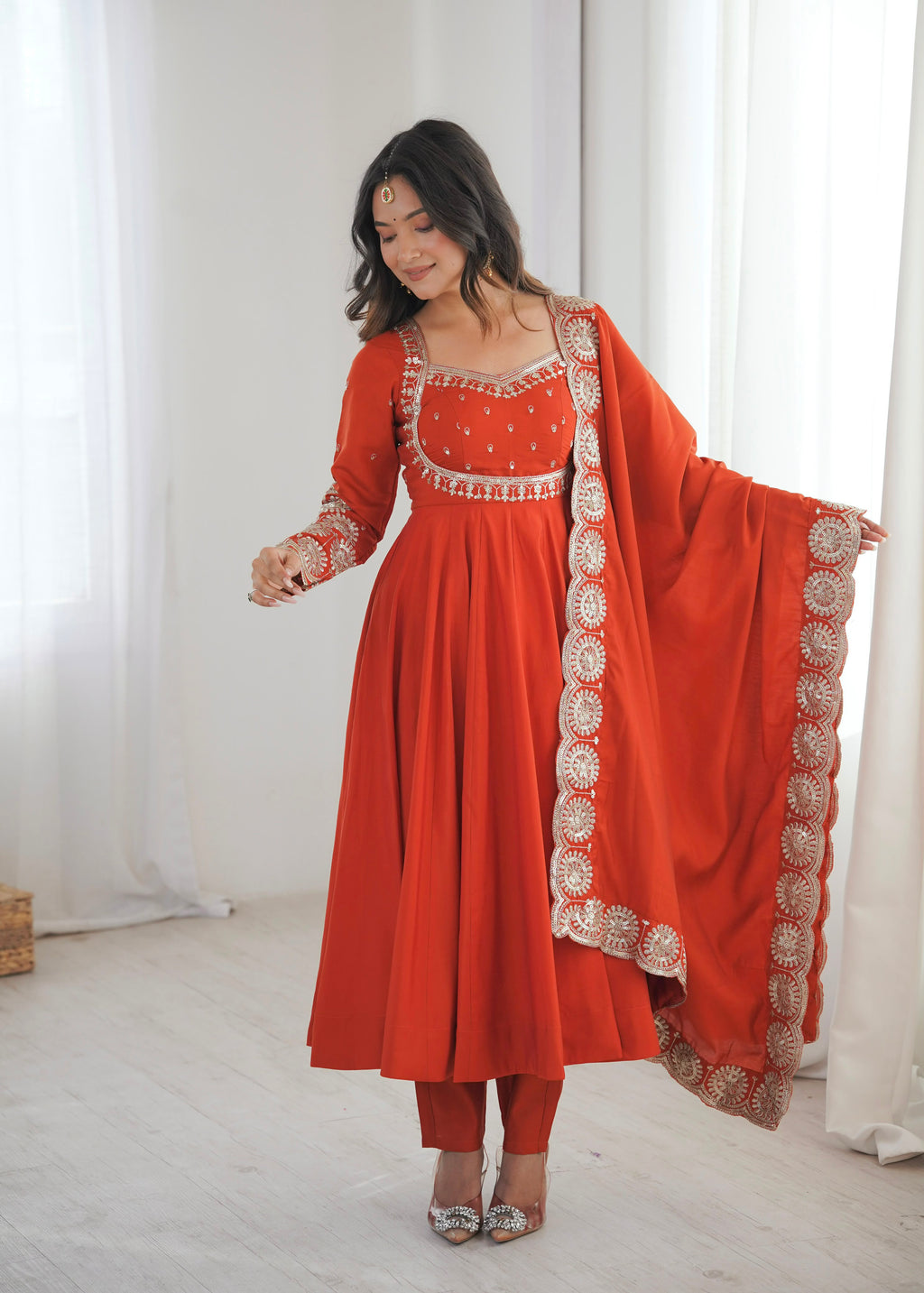 Rust Orange Embroidered Anarkali Suit Set with Dupatta