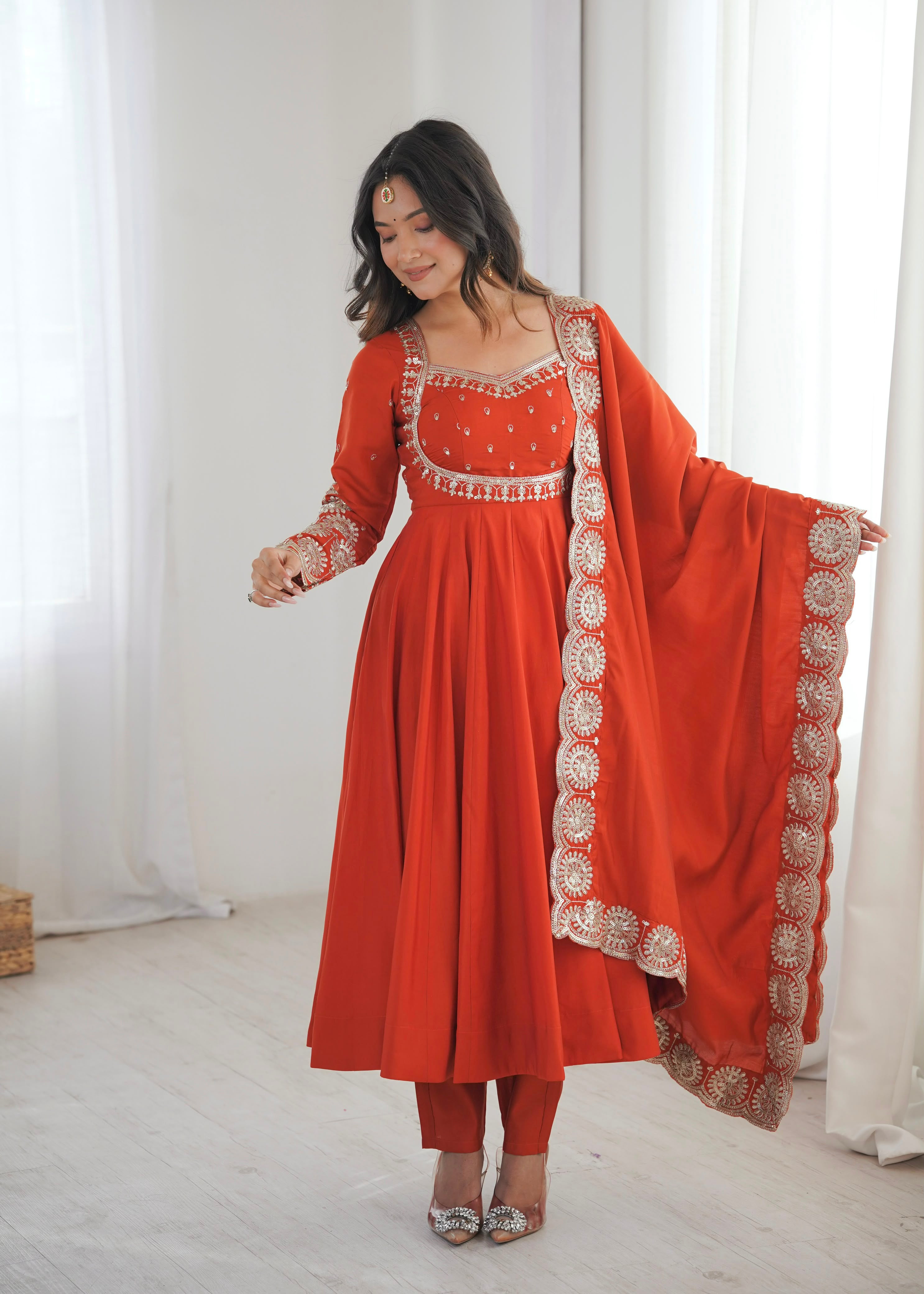 Rust Orange Embroidered Anarkali Suit Set with Dupatta
