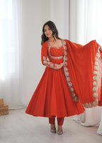 Rust Orange Embroidered Anarkali Suit Set with Dupatta