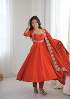 Rust Orange Embroidered Anarkali Suit Set with Dupatta