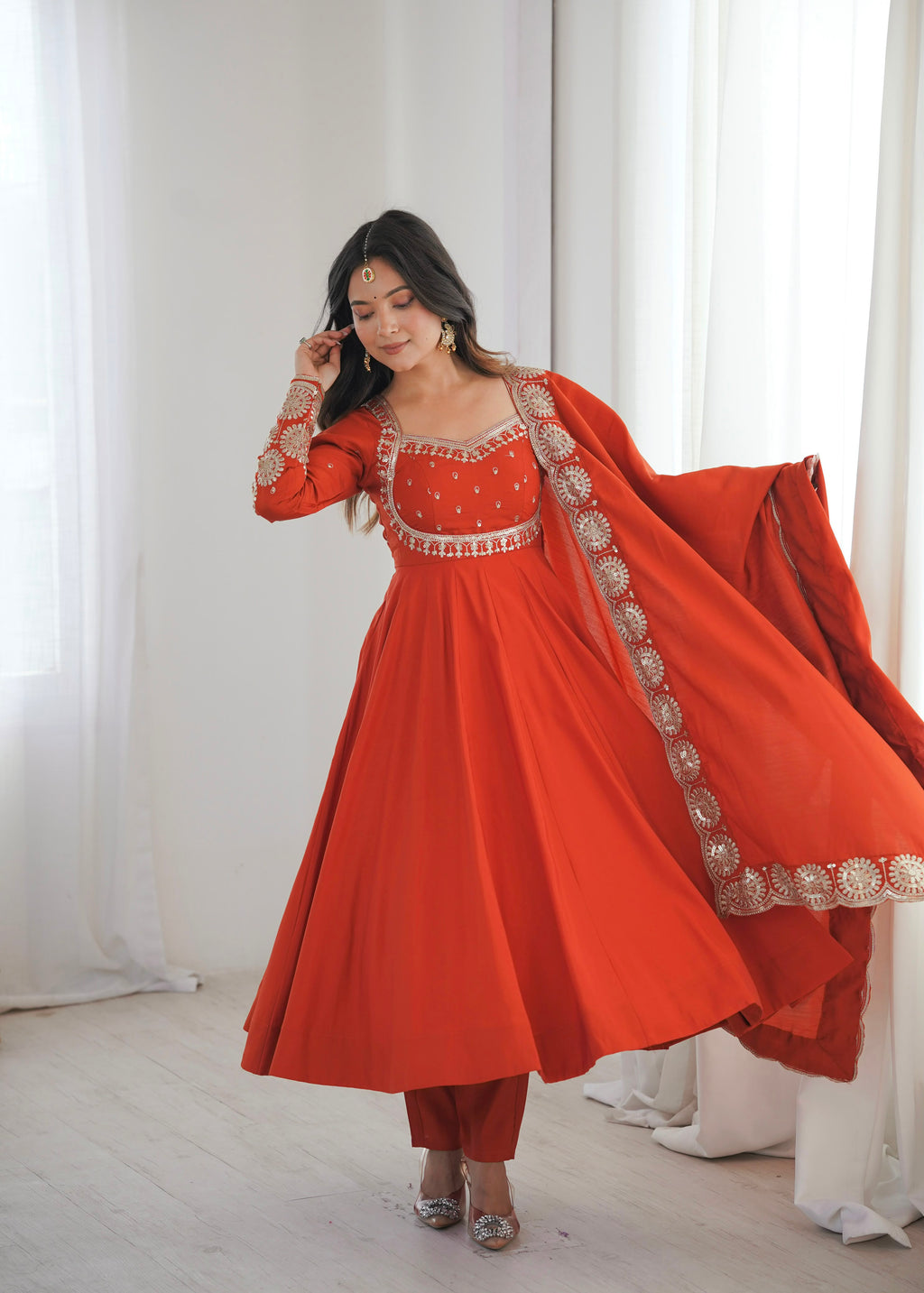 Rust Orange Embroidered Anarkali Suit Set with Dupatta