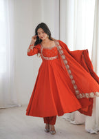 Rust Orange Embroidered Anarkali Suit Set with Dupatta