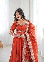 Rust Orange Embroidered Anarkali Suit Set with Dupatta