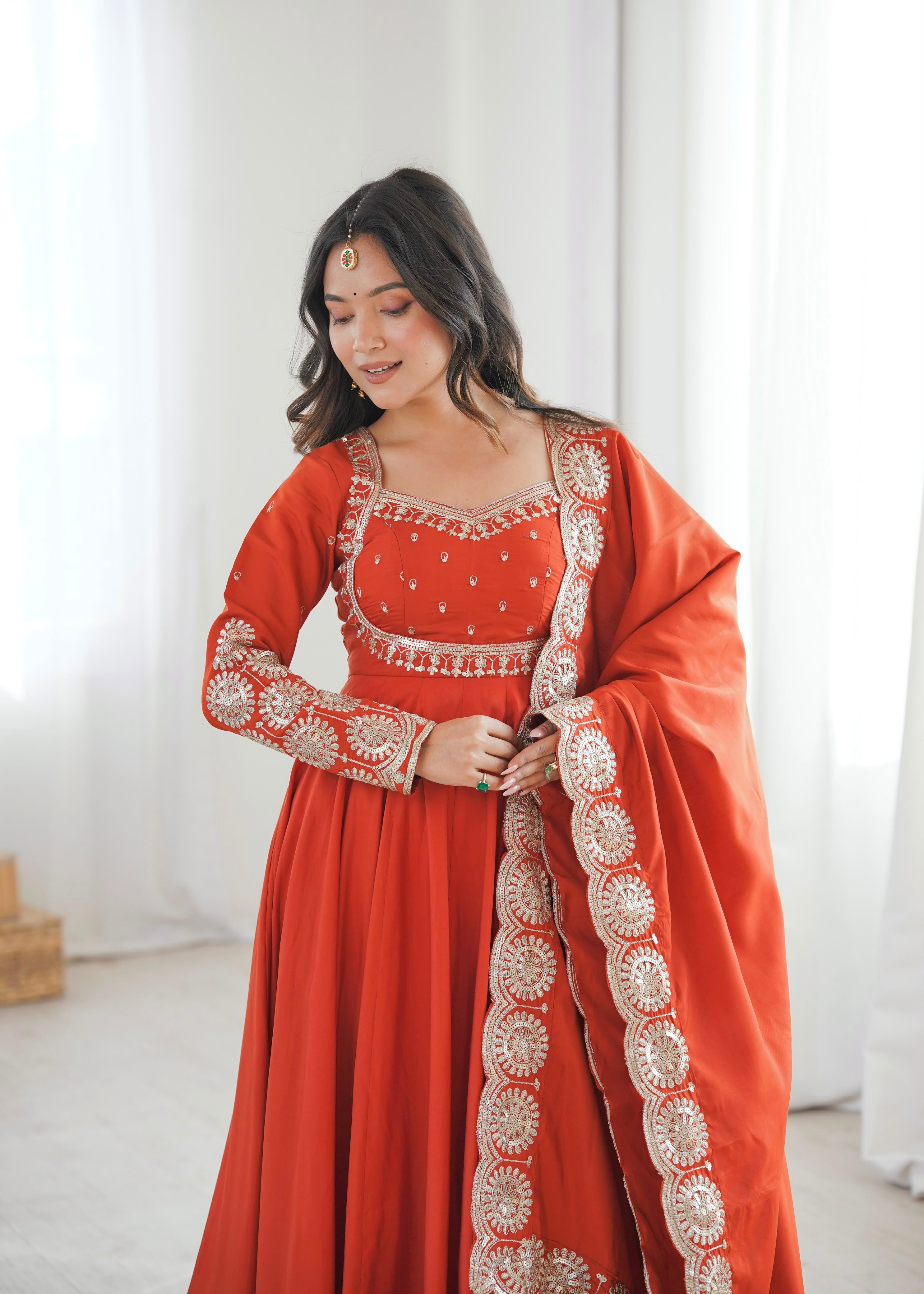 Rust Orange Embroidered Anarkali Suit Set with Dupatta