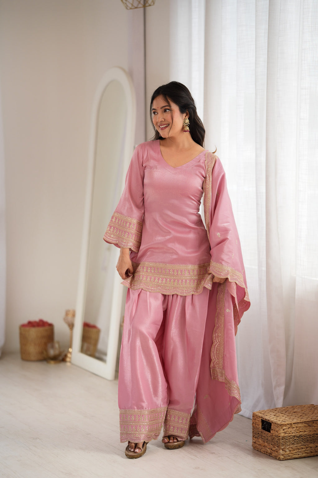 Elegant Blush Pink Sharara Set with Heavy Border Dupatta