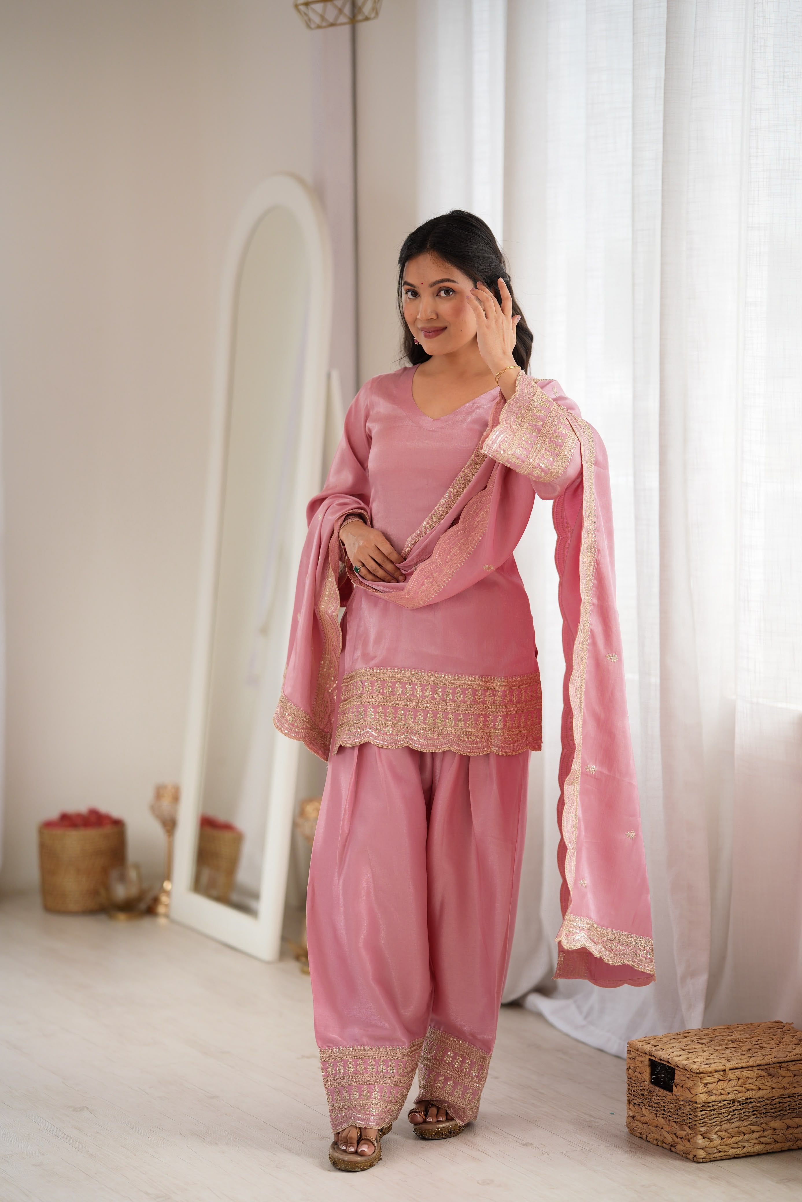 Elegant Blush Pink Sharara Set with Heavy Border Dupatta