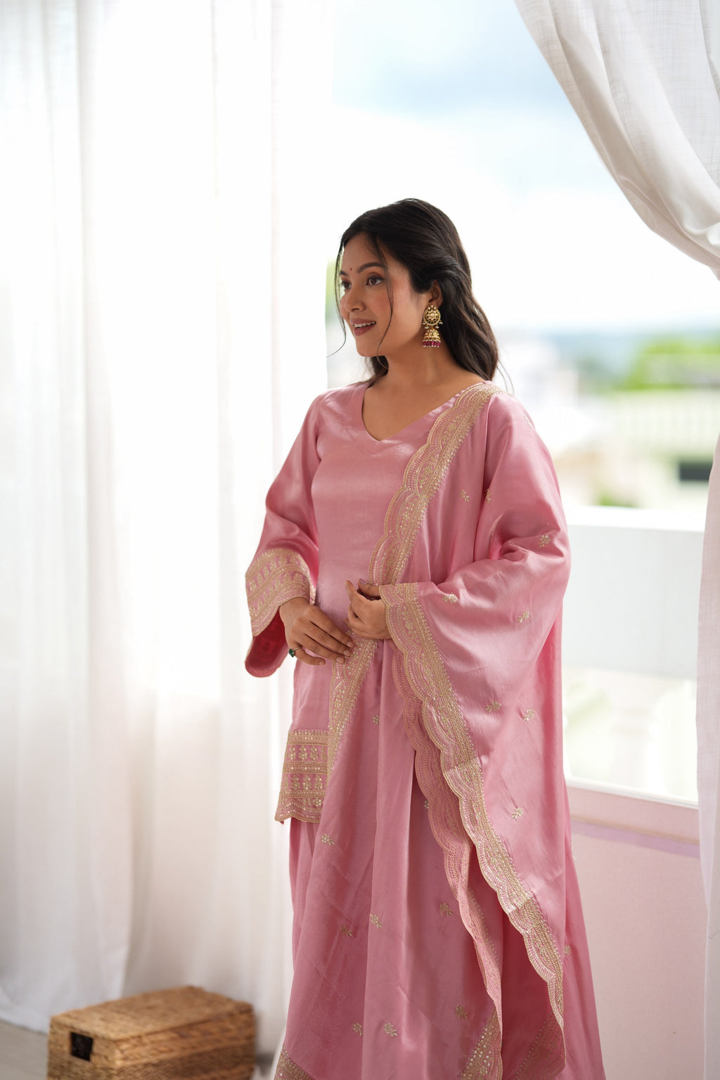 Elegant Blush Pink Sharara Set with Heavy Border Dupatta
