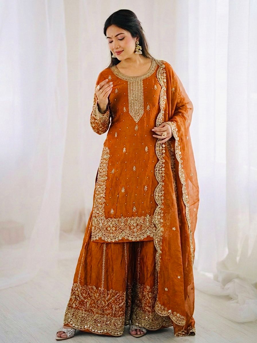 Orange Mother-Daughter Fandy Silk Embroidery Sharara Set