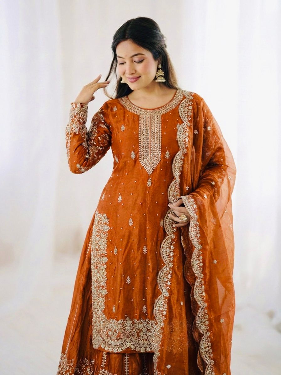 Orange Mother-Daughter Fandy Silk Embroidery Sharara Set