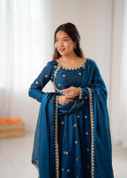 Peacock Blue Fandy Silk Suit Set