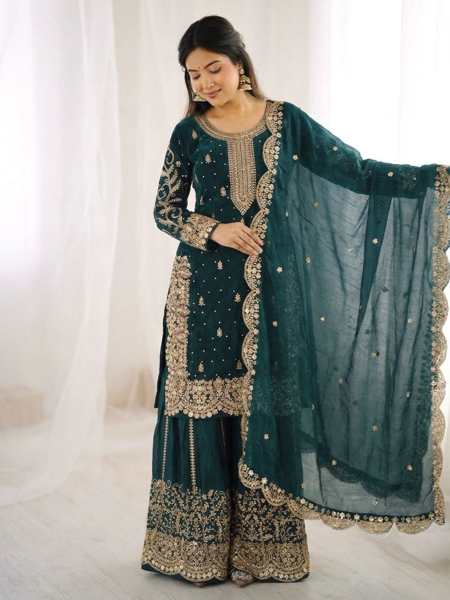Tea Blue Mother-Daughter Fandy Silk Embroidery Sharara Set