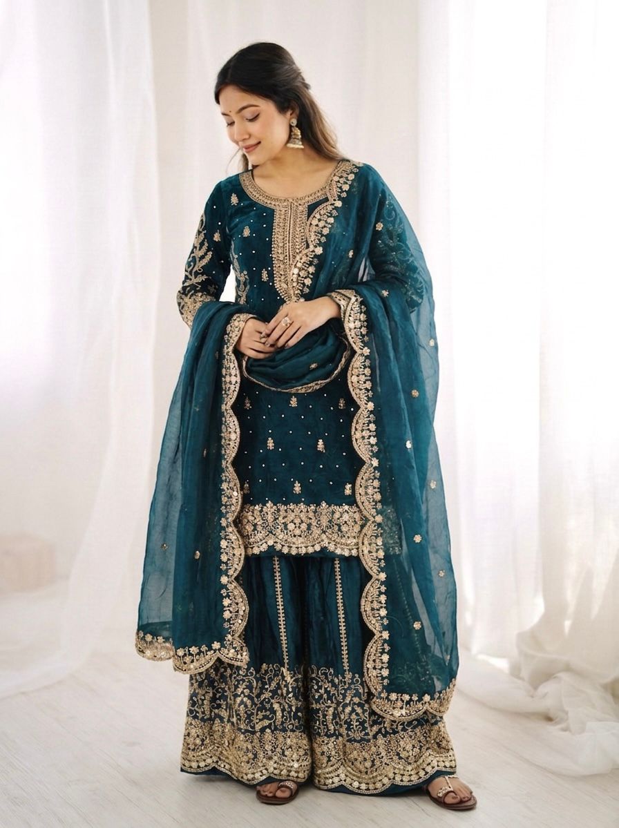 Tea Blue Mother-Daughter Fandy Silk Embroidery Sharara Set