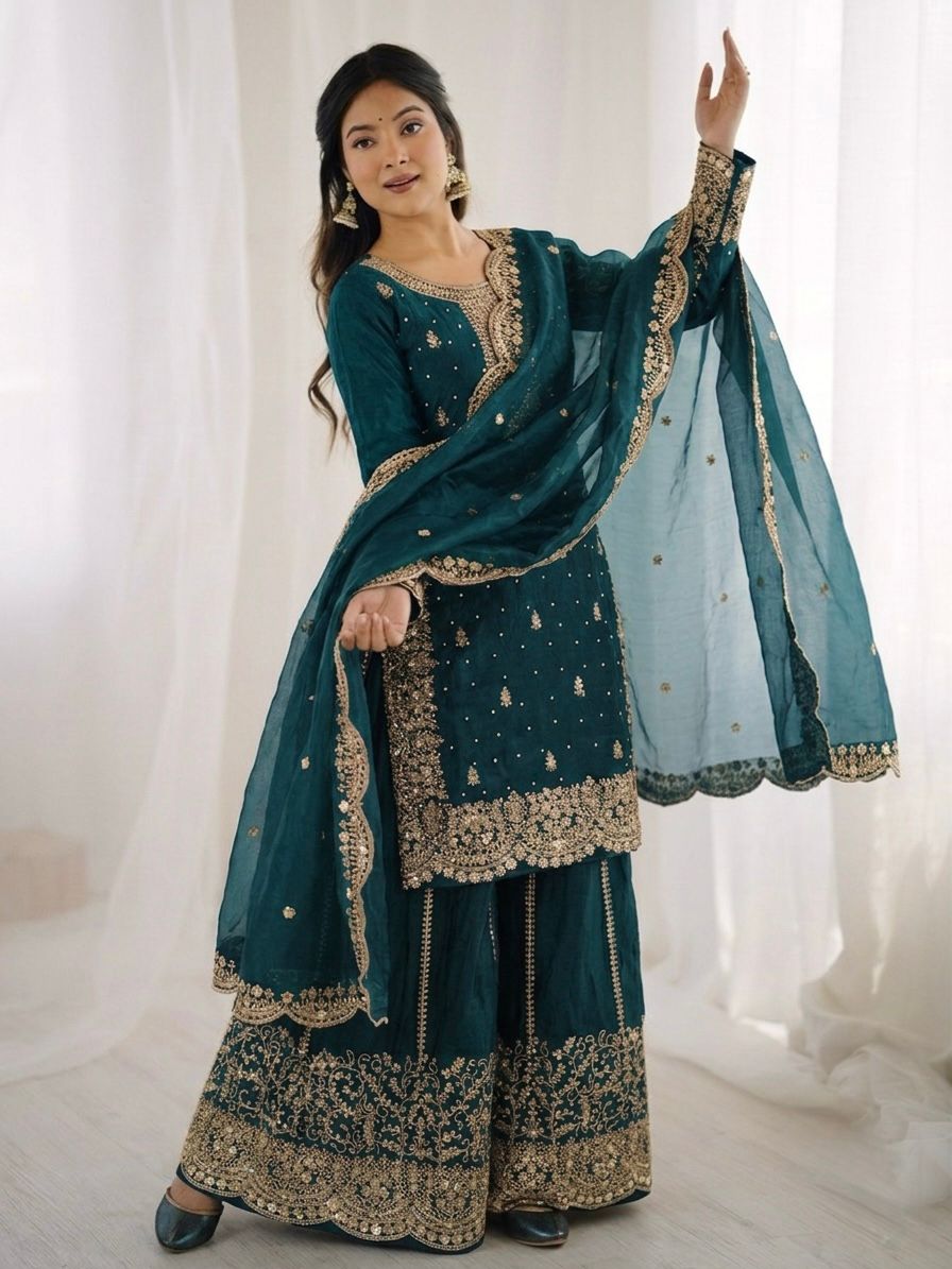 Tea Blue Mother-Daughter Fandy Silk Embroidery Sharara Set