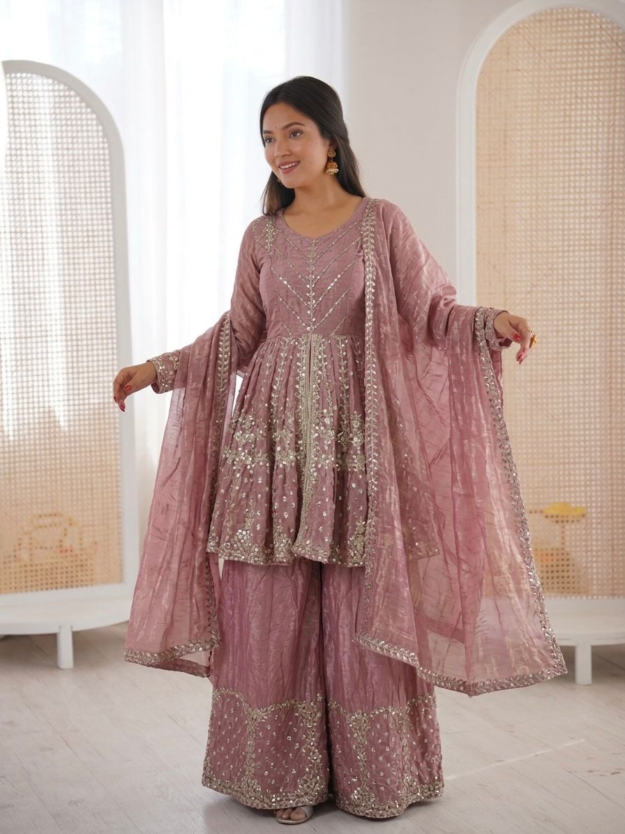 Onion Pink Fandy Silk Embroidery Sequence Work Suit Set