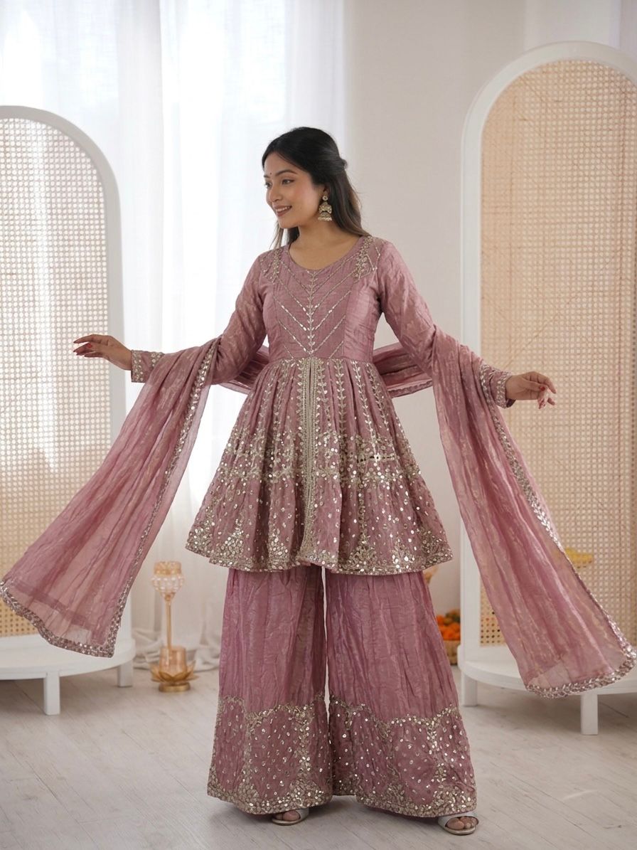 Onion Pink Fandy Silk Embroidery Sequence Work Suit Set