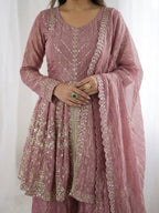 Onion Pink Fandy Silk Embroidery Sequence Work Suit Set