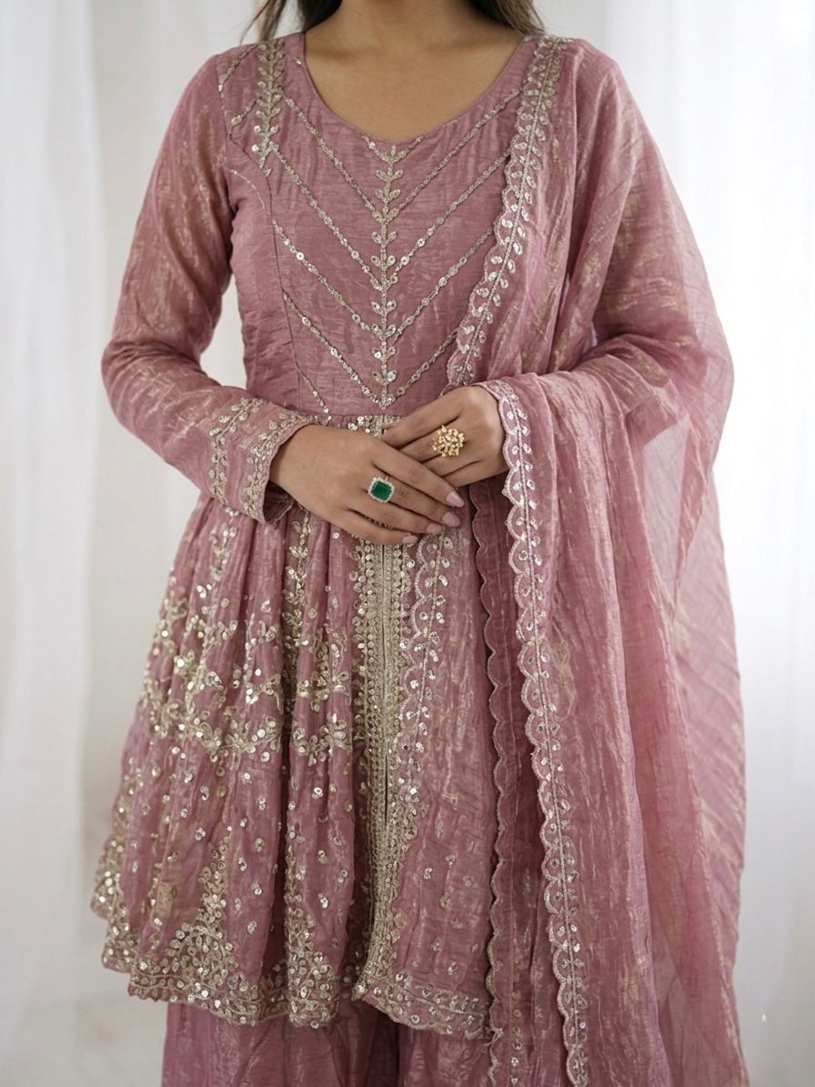 Onion Pink Fandy Silk Embroidery Sequence Work Suit Set