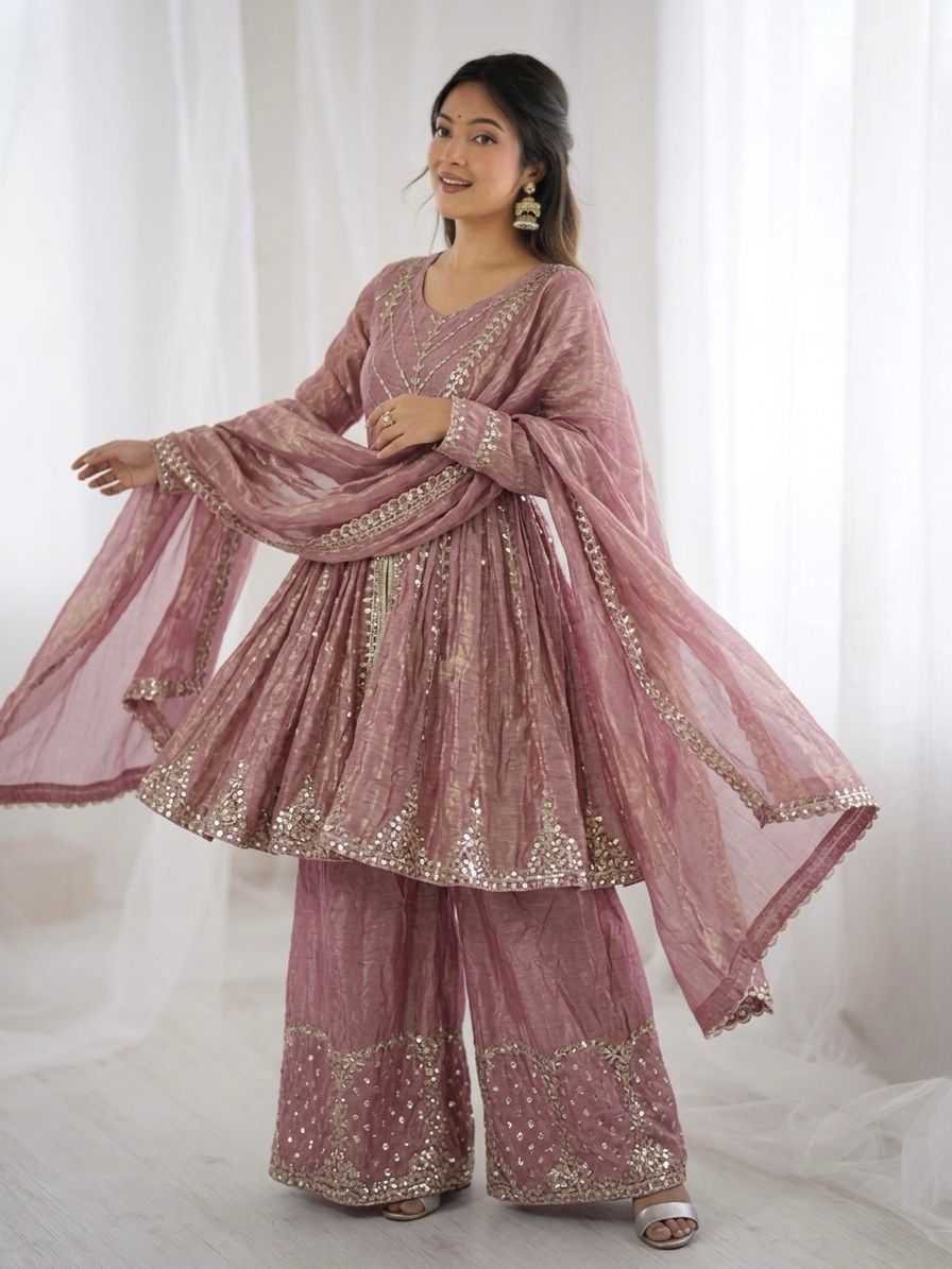 Onion Pink Fandy Silk Embroidery Sequence Work Suit Set