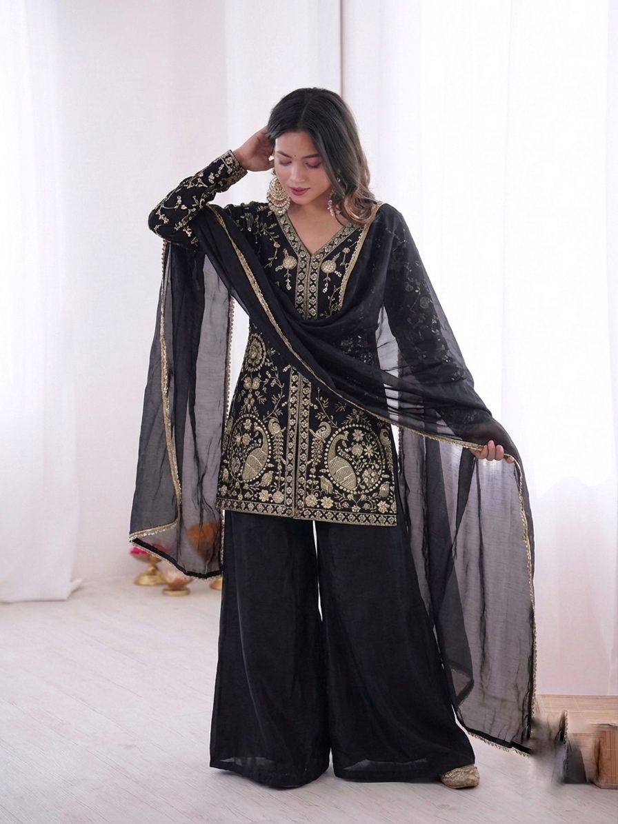 Black Heavy Embroidery Sequence Sharara Suit