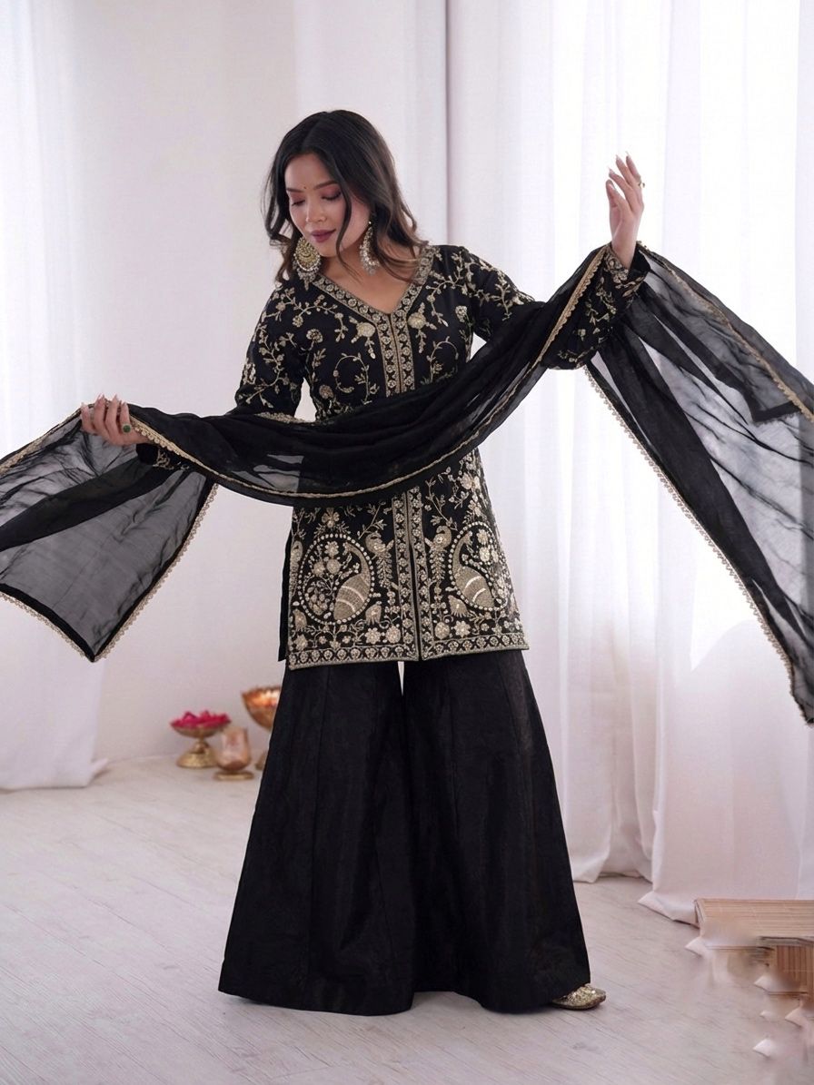 Black Heavy Embroidery Sequence Sharara Suit