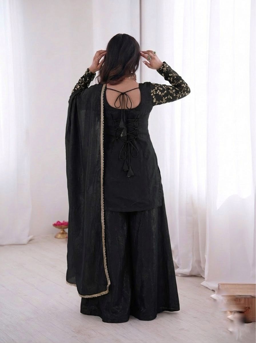 Black Heavy Embroidery Sequence Sharara Suit