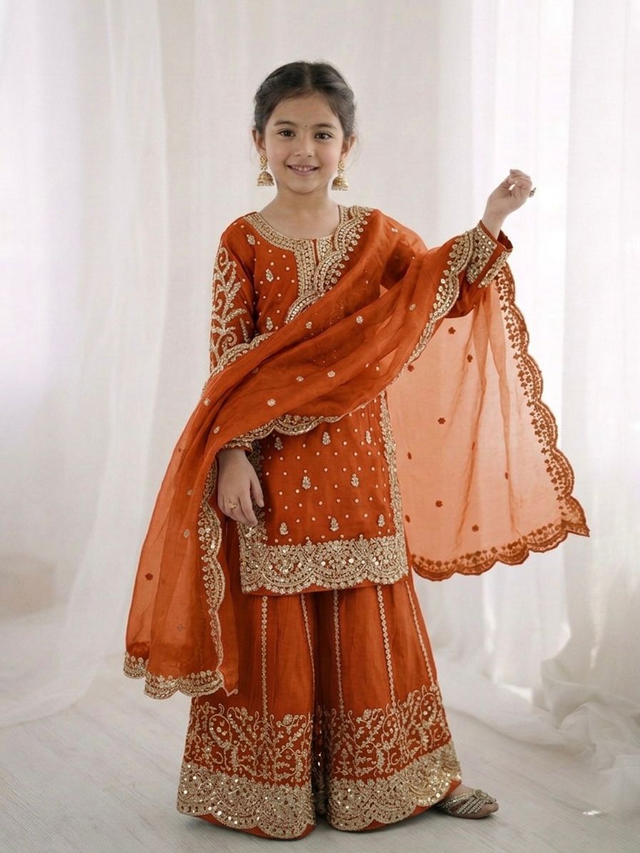 Orange Fandy Silk Embroidery Kid's Sharara Set