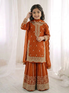 Orange Fandy Silk Embroidery Kid's Sharara Set