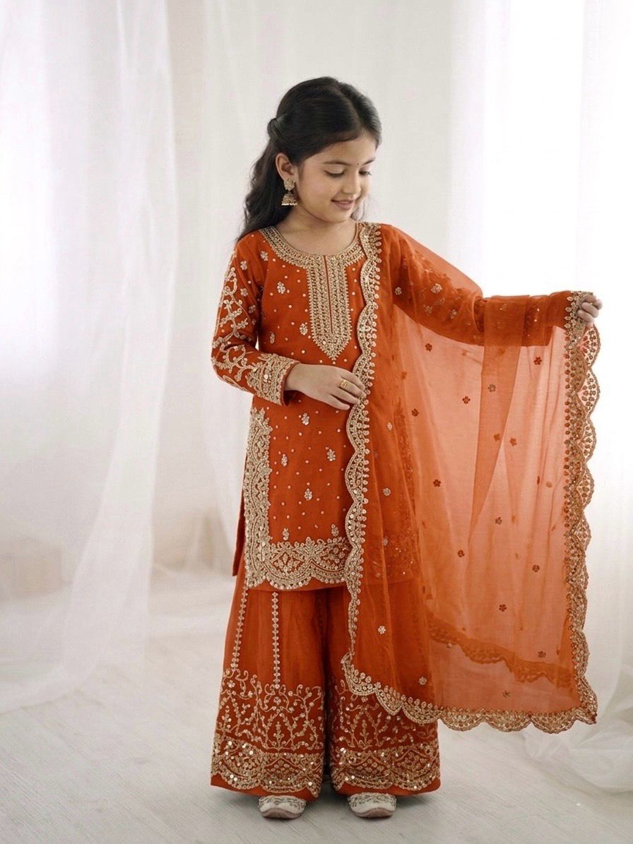 Orange Fandy Silk Embroidery Kid's Sharara Set