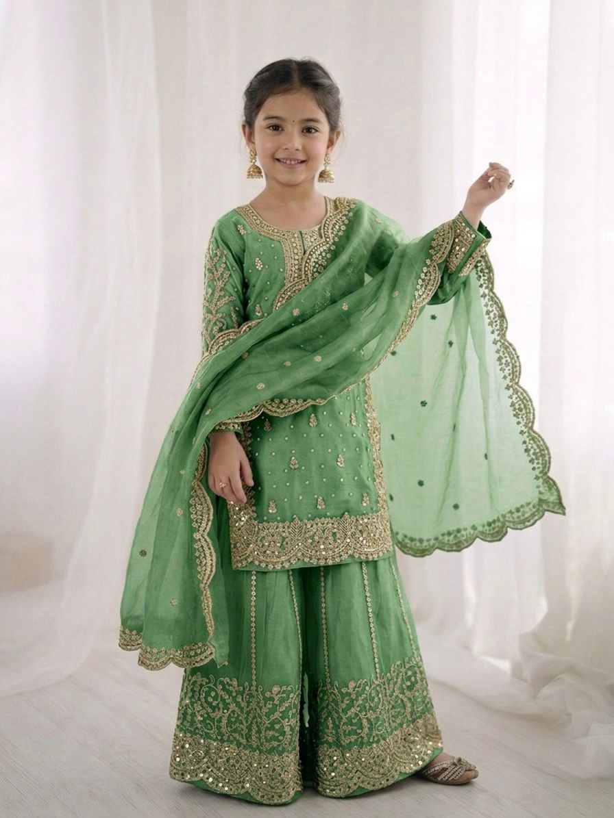 Green Mother-Daughter Fandy Silk Embroidery Sharara Set