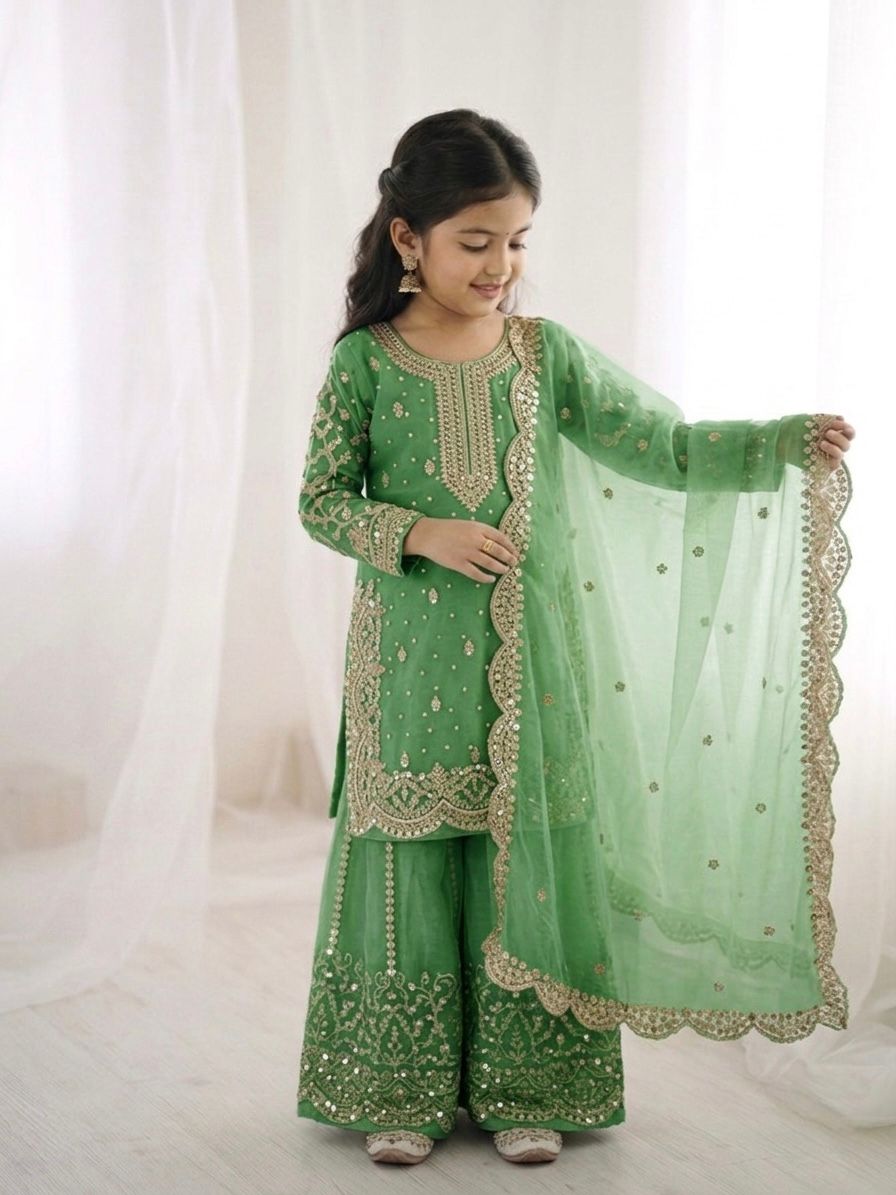Green Mother-Daughter Fandy Silk Embroidery Sharara Set