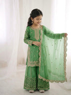 Green Mother-Daughter Fandy Silk Embroidery Sharara Set