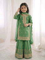 Green Mother-Daughter Fandy Silk Embroidery Sharara Set