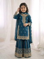 Tea Blue Fandy Silk Embroidery Kid's Sharara Set