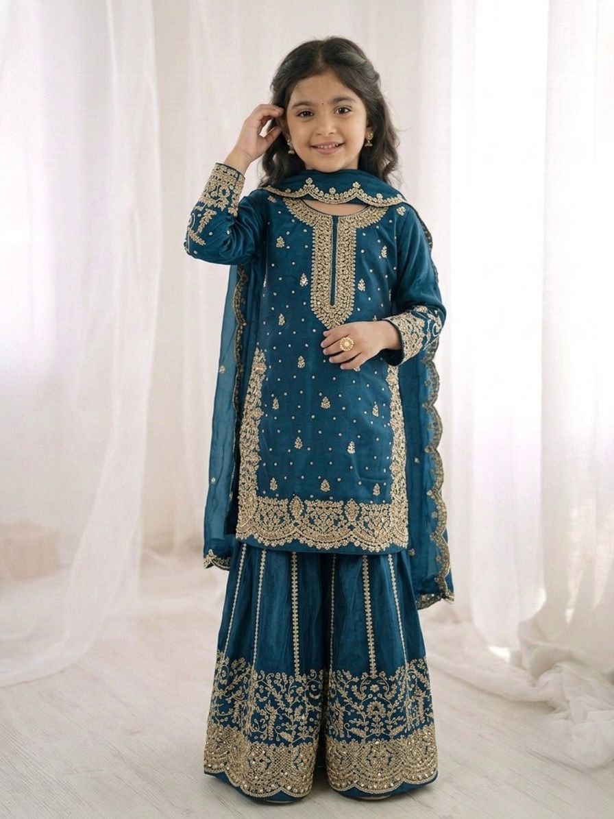 Tea Blue Fandy Silk Embroidery Kid's Sharara Set