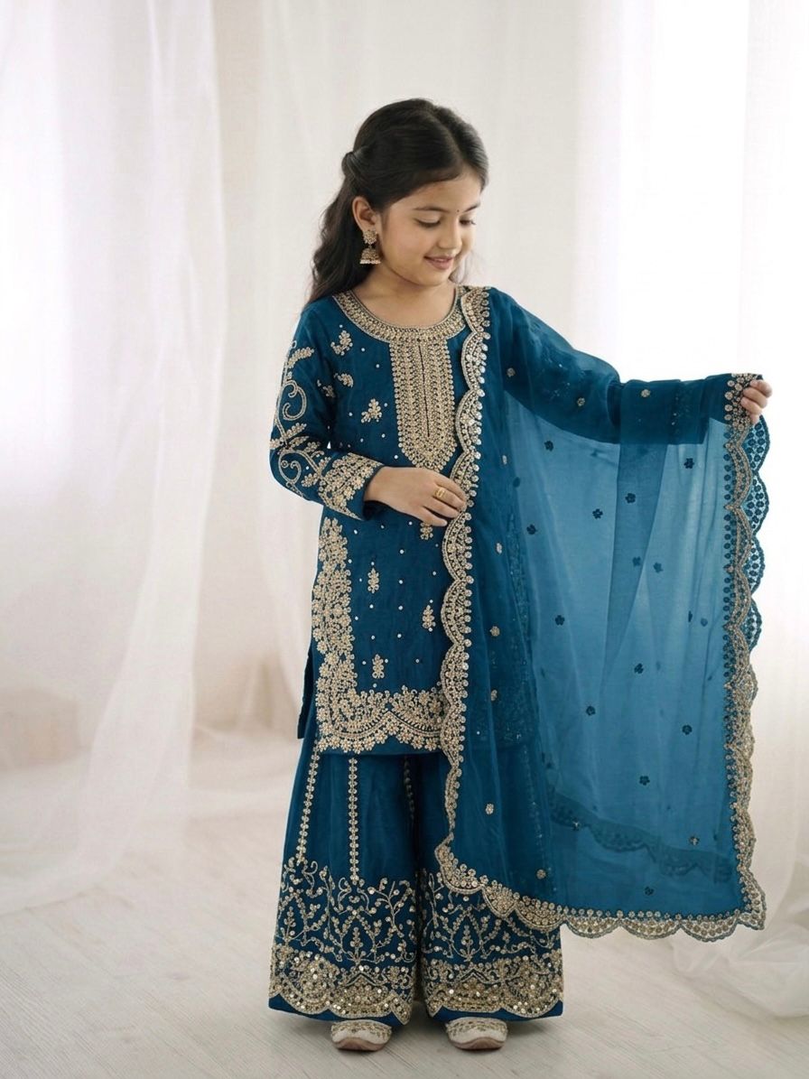 Tea Blue Fandy Silk Embroidery Kid's Sharara Set