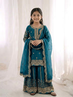 Tea Blue Fandy Silk Embroidery Kid's Sharara Set