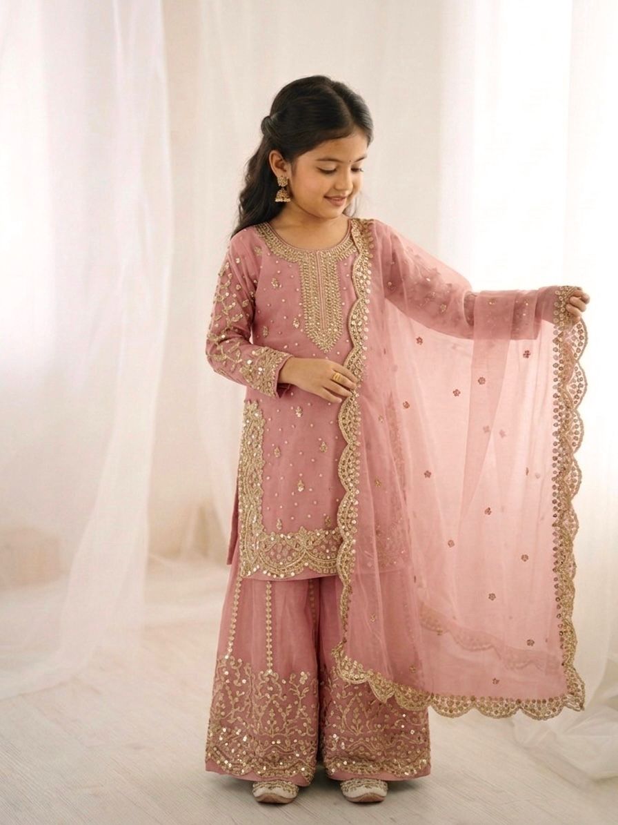 Beige Fandy Silk Embroidery Kid's Sharara Set