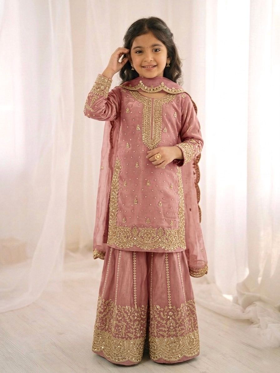 Beige Fandy Silk Embroidery Kid's Sharara Set