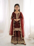 Maroon Fandy Silk Embroidery Kid's Sharara Set